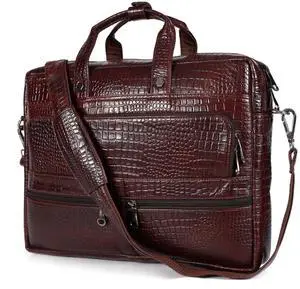 Leder Luxus Crocodile Embossed Leather Briefcases for Men, Laptop Briefcase For Men, Leather Bag, Satchel Shoulder Bag, 5 Zipper Pockets with 2 Spacious Compartments.,12 x 16 x 4 inches. (Dark Brown)