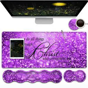 Gaming Mouse Pad,Large Mouse Pad with Stitched Edge,Non-Slip Base Office Desk Pad Ergonomic Keyboard Wrist Rest Set,Waterproof Writing Pad,Philippians 4:13 Verse Purple Glitter Extended XXL Desk Mat