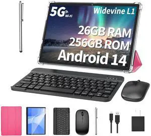 Android Tablet with Keyboard, 26GB RAM, 256GB ROM(1TB Expand), 10.1 inch Android 14 Tablet, 8000mAh Battery, BT 5.0, GMS Certified, 2.4G&5G WiFi, 2 in 1 Tablets with Mouse, Case, Stylus(Pink Case)