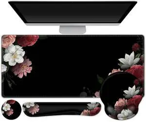 AIMSA Mouse Pad,Large Black Desk Mat, XXL Mousepad+Keyboard Wrist Rest+Ergonomic Mouse Wrist Rest+Coaster Set,4in1 Desk Pad for Home Office Table Computer-Vintage Flower