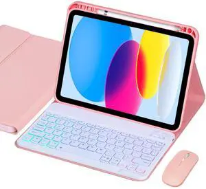 VLEAQC Keyboard Case for iPad (A16) 11th Gen 11 Inch 2025/ 10th Gen 10.9 2022, Wireless Rainbow Backlight Detachable Keyboard with Mouse, Thin & Light, Pencil Holder (Pink)
