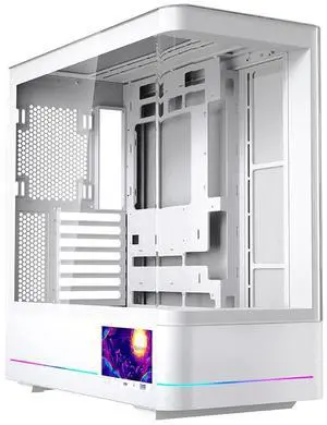 Jungle Leopard AC-02 Digital ATX PC Gaming Computer Case|5.5 Inch Integrated LCD Screen& App|Mid Tower Full View Dual Reinforced Glass Panel|Removable Side Panels|for Micro-ATX ITX (White)