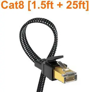 Cat 8 Ethernet Cable(1.5ft + 25ft), Nylon Braided High Speed Heavy Duty Cat8 Network LAN Patch Cord, 40Gbps 2000Mhz SFTP RJ45 Flat Cable Shielded in Wall, Indoor&Outdoor for Modem/Router/Gaming