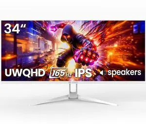 CRUA 34'' White Gaming Monitor, 165HZ/144HZ, WQHD(3440x1440P) IPS UltraWide Screen Computer Monitors with Built-in Speakers, Supports FreeSync, 120% sRGB, HDMI 2.0 & DP 1.4, Wall Mountable Installs