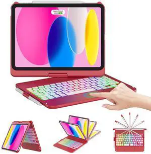 CC Store Touchpad Keyboard Case for iPad (A16) 11th Gen 2025/10th Gen 2022, 7 Color Backlit,360° Rotatable,Multi-Touch Track,Pencil Holde,Compatible with iPad (A16) 11th/10th Gen(Deep Red)