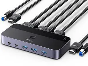 UGREEN USB 3.0 HDMI KVM Switch with 4 USB 3.0 Ports 4K@60Hz for 2 Computers Sharing 1 Monitor Keyboard Mouse Hard Drives Printer, with 2 HDMI Cables, 2 USB Cables and Controller