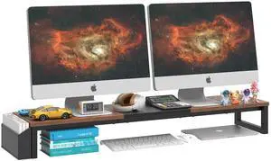 LAND·VOI Dual Monitor Stand Riser,41.5'' Long Monitor Stand for 2 Monitors, Wood Computer Riser with Pocket, Desktop Oraganizer with Pen Holder, Monitor Riser for Desk Computer,Laptop,TV, Rustic Brown