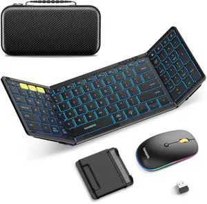 Samsers Foldable Keyboard and Mouse, Folding Bluetooth Keyboard Mouse Combo with Backlight, 2.4G + BT5.0 x 2, Full-Size Travel Keyboard & Portable Wireless Mouse for Windows/Android/iOS/Mac OS, Black