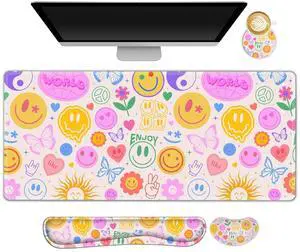 NXZGO Large Gaming Mouse Pad Set, 4 in 1 Extended Keyboard Desk Mat with Wrist Rest, PC Computer Game Mousepad Set, Non-Slip Desk Pad Protector Easy Typing Pain Relief for Home Office I Hippie Smile