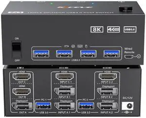 HDMI Displayport KVM Switch 3 Monitors 2 Computers 8K@60Hz/4K@144Hz, USB3.0 KVM Switches for 2 PC Sharing Triple Monitor and Keyboard Mouse with Power Adapter,Wired Extend Controller and USB3.0 Cables