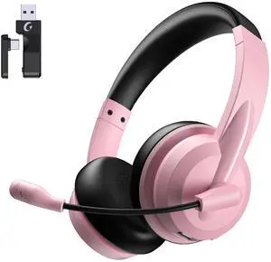 Wireless Headset with Mic for Work with AI Noise Cancelling Mic for Clear Calls, Bluetooth V5.3 Headphones with Microphone to USB A/C Dongle & Mic Mute for Computer Laptop PC iPhone (Pink Black)