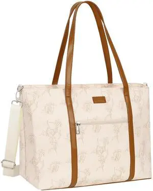 Teacher Tote Bag, Laptop Tote Bag for Women 17 Inch Laptop Bag Waterproof PU Leather Office Work Bag Business Briefcase with Compartment,Shoulder Straps (A3-Beige/Brown Flower, 17.3 inch)