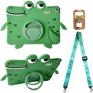 Green Dinosaur Kids Case with Strap for iPad 9th 2021/iPad 8th 2020/iPad 7th 2019 10.2 inch,3D Kawaii Cute Cool 360 Rotation Kickstand Dinosaur Kids Girls Boys Soft Silicone Case with Cat Kickstand