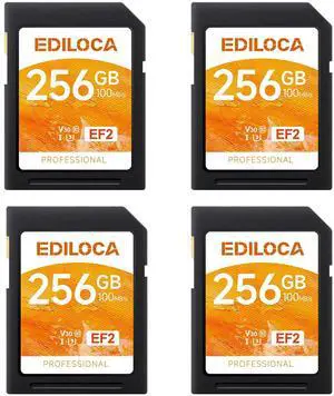 UHS-I 256GB SD Card 4 Pack UHS-I Memory Card Fast Storage, Read/Write Speed 90/20MB/s, C10, U1, V10, Full-HD & 4K Video, SD Card 256GB, Must-Have for Professional Photographers EF2-4PCS