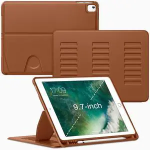 VIKESI Case for iPad 6th / 5th Generation (2018/2017 Released) 9.7-inch and for iPad Air 2/1,Multiple Angles Magnetic Stand Cover,Shockproof Soft Back,Pencil Holder,and Auto Sleep/Wake,Brown