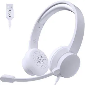 Masajoy USB Headset with Microphone for PC, Wired Headphones with Mic USB Headset with Noise Cancelling Microphone, Computer Headsets with Microphone for Home Office Online Class Teams Skype (White)