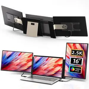 ROYY Triple Laptop Screen Extender, 16" QHD (2560x1600) IPS Display Portable Monitor, Dual Screen Travel Monitor for Laptops 13-17" with USB-C/HDMI Port, Plug & Play for Windows/Mac/Android/Switch/PS