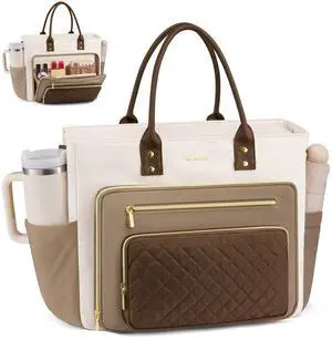 LOVEVOOK Teacher Tote Bag for Women Work, Laptop Bag With Large Cup Holder, Nurse Bags Professional Briefcase Business Computer Purses Handbag,Khaki-Beige-Coffee,15.6 Inch