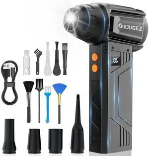 XJUGEZ Compressed Air Duster with Flashlight,180000RPM Electric Air Duster,4-Gear with Display High-Speed Electric Duster with Multi-Purpose Nozzles for Computer, Keyboard, Outdoor, House and Car
