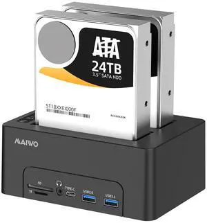 MAIWO Dual Bay 2.5'' 3.5'' SATA HDD SSD Enclosure Duplicator Off-line Cloner, USB-C Docking Station USB 3.1 Laptop Dock, with HD-MI Port/4 USB Hub/Gigabit Ethernet/3.5mm Audio/BT5.0, SD TF Card Slot