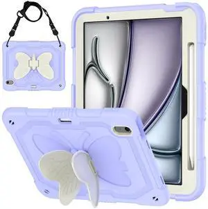 Case for iPad Air 11 inch M2 2024, Cute Butterfly Wings Shockproof Cartoon Silicone Kickstand Protection Cover with Strap for Apple iPad Air 6th Gen for Kids Boy Girl Women Gift (Purple)
