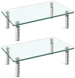 WKWKER Clear Glass Desk Stand 2 Pack Computer Monitor Riser with Height Adjustable Multi Media Monitor Stand Desktop Flat for Laptop TV Computer