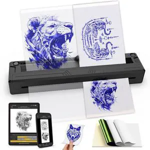 Wireless Tattoo Stencil Printer, Portable Bluetooth Thermal Tattoo Printer with App Custom-SizeA4, Print Realistic Portraits, 10 Transfer Papers Included, Works for Phone/Tablet/PC - Black