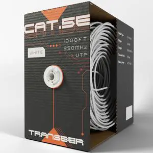 Transber, CAT5e 1000ft Ethernet Cable Solid UTP Up to 10Gbps 350Mhz 24AWG 4x2 Pair Bulk Cable Network PoE++/4PPoE LAN Wire 1000-feet Easy Pull Box (White)