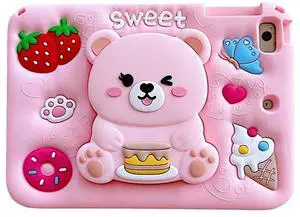 for iPad A16 Case 11th Generation 11 Inch 2025/for iPad 10th Generation Case 2022 10.9 Inch - Cute Cartoon Soft 3D Silicone Bear Cover with Strap & Stand for Girls Girly