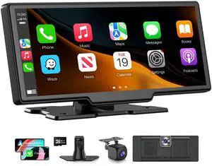 Wireless Carplay Screen for Car, 10.26" HD Carplay and Android Auto Touch Screen, Portable Car Tablet with 4K Dash Cam, Audio Receivers with Backup Camera, GPS Navigation, Voice Control, Mirror Link