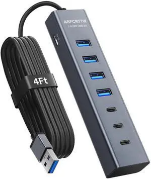 4Ft 7-Port USB Hub 3.0 for Desktop, 4 USB-A & 3 USB-C Ports Aluminium 5Gbps USB Extender Hub, USB Splitter, USB Hub Long Cable for Desktop, PC, Flash Drive, Mobile HDD SSD, Windows/XPS