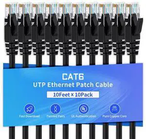 XANHAM Cat6 Ethernet Cable 10 Feet 10 Pack Network RJ45 Cat6 Internet Patch Cable, Unshielded, Black