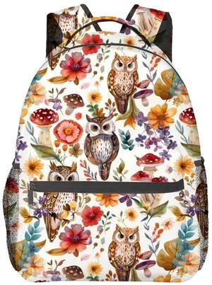 Adorable Owl & Mushroom Backpack, Travel School Laptop Polyester Cute Bird Backpacks for Women Kids, Work Sports Back Pack Casual Daypack, Lightweight Rucksack Gifts for Hiking Camping Gym