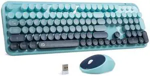 XuanGui Wireless Keyboard and Mouse Combo with Round Keycaps,Retro Full-Sized Typewriter Keyboard,Tilt Legs &Sleep Mode,2.4GHz Cordless Connection for Mac/Windows/PC Computer(Colorful Blue)