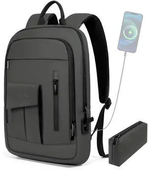 Business Backpack for Men Slim Lightweight Laptop Backpack Water Resistant Small Office Backpack for Commute Travel Daily Office Work with Small Bag (Grey)