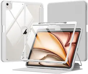 MoKo for iPad Air 13 Inch Case M3 2025 & M2 2024 with Pencil Holder, iPad Air 13 Case [Built-in Screen Protector] with Clear Back & Magnetic Multi Angle Stand Cover, Light Gray