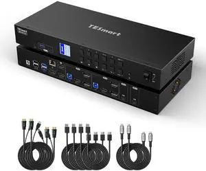 TESmart USB 3.0 HDMI+DP+USB C KVM Switch 3 Monitors 4 Computers 4K@60Hz, 4 Port Triple Monitor KVM Switch MST, 60W PD for Laptop, 1G Ethernet, EDID Emulators, Hotkey Switch, Rack-Ears