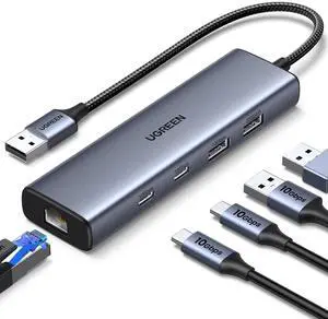 UGREEN USB to Ethernet Adapter, 5 in 1 USB Hub with Ethernet with 2* USB-C 3.2 (10Gbps) + 1*USB-A 3.2/1*USB-A 2.0/Gigabit RJ45, Network LAN Internet Dongle Compatible for Laptop, MacBook Pro/Air, XPS