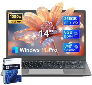 2025 GINA 14" FHD 1080p Portable Laptop for Home&Students, 8GB RAM, 256GB SSD, Dual-Core Intel Celeron Processor, 720P Camera, 2.4G/5G Wi-Fi, Bluetooth 5.0, HDMI, USB 3.2, Windows 11 Pro, Space Gray