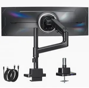 monTEK Heavy-Duty Single Monitor Arm for 17-57 inch, up to 59.4lbs Ultrawide Screens,Gas Spring Dual Curved Adjustable Monitor Stand for Desk,75/100mm VESA Mount with USBBlack
