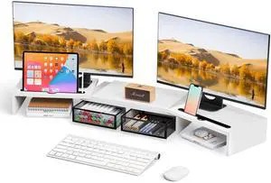 ZIFTY Dual Monitor Stand Riser for 3 Monitors, Desk Organizer with 2 Drawer and Smartphone Holder, Adjustable Length & Angle Workspace Organizers for Monitors Laptop Printer Computer, White