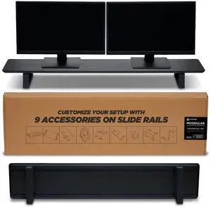 ULTRARM Moodular Wooden Monitor Stand 45.6 (116cm) Large Desk Organizer with Metal Slide Rails for Drawer, Tray, Laptop, Tablet, Phone & Headphones Customizable Riser for Organized Workspace Black