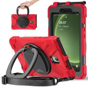FONREST Rugged Case for Samsung Galaxy Tab Active5 5G (SM-X306B/X300) w/ 360° Rotating Hanging Ring Handle Grip Kickstand, Heavy Duty Shock-Proof Armor Cover w/Shoulder Strap, Stylus Holder (Red)