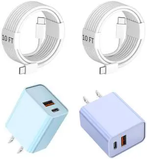 10 Foot Fast iPhone Charging Cable,2Pack 20W Dual Port USB C+A Wall Charger Block with 10FT Type C-C Charging Cable Apple Adapter for iPhone 17/17 Air/17 Pro/16/16e/16 Pro Max/15 Pro/iPad(Purple/Blue)