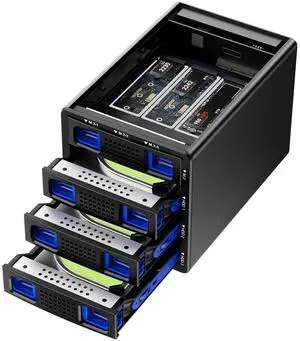 Hybrid 3*2.5/3.5" SATA HDD/SSD(2 HDDs Support 4 RAID Mode)+3* M / B+M Key M.2 NVMe Enclosure with Fan, USB A/C 3.2 Gen 2, Hard Drive Enclosure Support 90TB(3*22TB HDD+3*8TB 2230/42/60/80/110 SSDs)