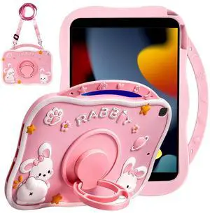 Weuiean Premium Safe Material Silicone 3D Cartoon-Themed Shockproof Case for iPad 9th/8th/7th Generation 10.2", with Adjustable Shoulder Strap &Stand, for Women Girls Girly Boys Teens, Pink Rabbit