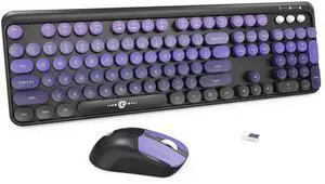 FOPETT Wireless Keyboard and Mouse Combo - 2.4G Full-Sized Cute Colorful Mouse and Keyboard with 104 Round Keys Retro Typewriter Keyboard for Laptop/Windows/PC - Purple Gradient