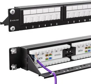VCELINK 24-Port CAT6 Unshielded Patch Panel with Dust Cover, 1U RJ45 Rackmount Panel with Detachable Cable Management Bar for CAT5/5E/6 Cabling