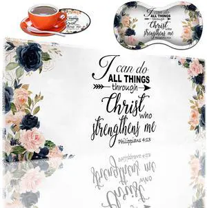 3-in-1 Large Mouse Pad Gaming Set (31.5 x 11.8 inch)+ Wrist Rest Pad + Coaster, Memory Foam Gel Wrist Rest Pad for Pain Relief, Stitched Edges, Non-Slip Table Mat, Bible Phil 4-13 Floral