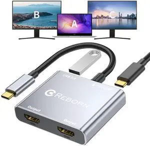 USB C to Dual HDMI Adapter | 4K@60Hz HDMI Splitter Extended Display for Dual Monitors, Multi-Monitor Adapter with USB and 100W PD, Windows Allows 3 Separate Screens, macOS Only Allows Mirror Mode